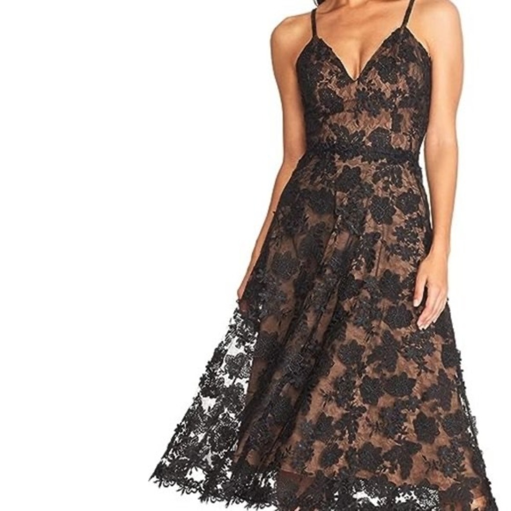 Dress the Population XL Tahani Black Nude Lace Midi Cocktail Dress Sweetheart